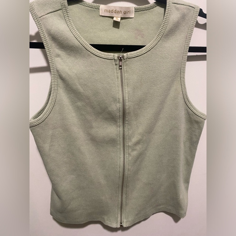 Sage color, zip up shirt. Casual